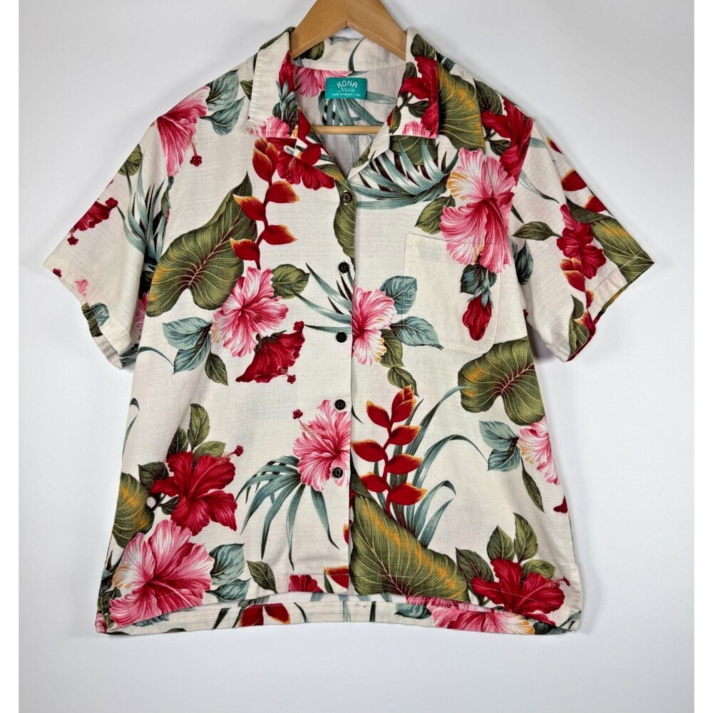 Kona Malia Made in Hawaii Barkcloth Top Womens L Hibiscus Floral‎ Vintage 90s